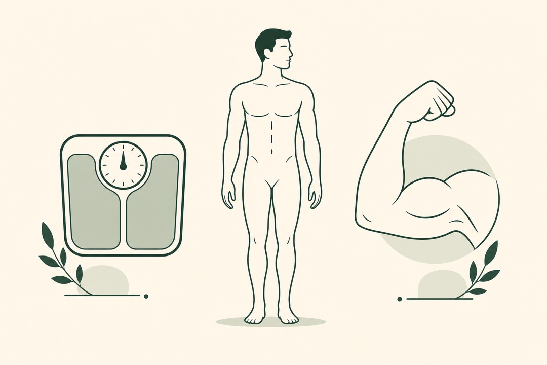 Line-art illustration of a human figure between a scale and a muscle icon